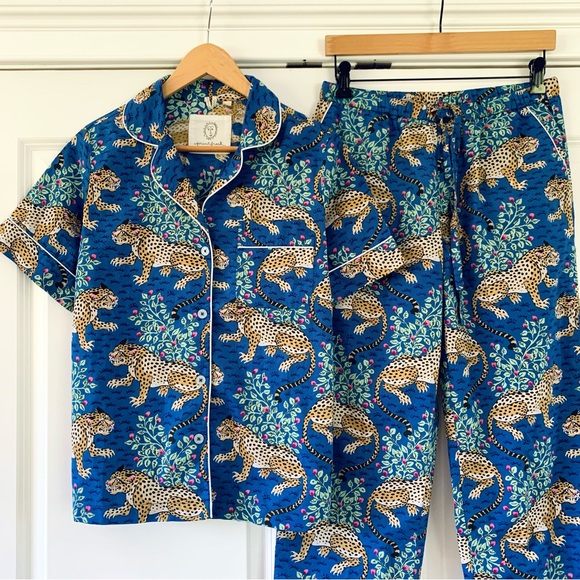 PRINT FRESH Pajamas Bagheera Leopard Blue Pjs Set Short Sleeve Top & Pants XS - Picture 3 of 8